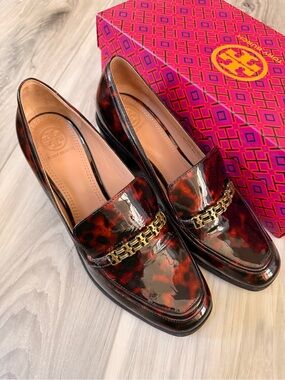 Tory Burch Tortoise Patent Leather Chain Loafers Block Heel Size 8